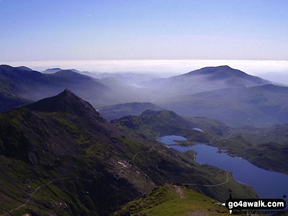 Crib Goch, The PYG Track (centre), The Miners' Track (lower right) and Llyn Llydaw from Bwlch Glas