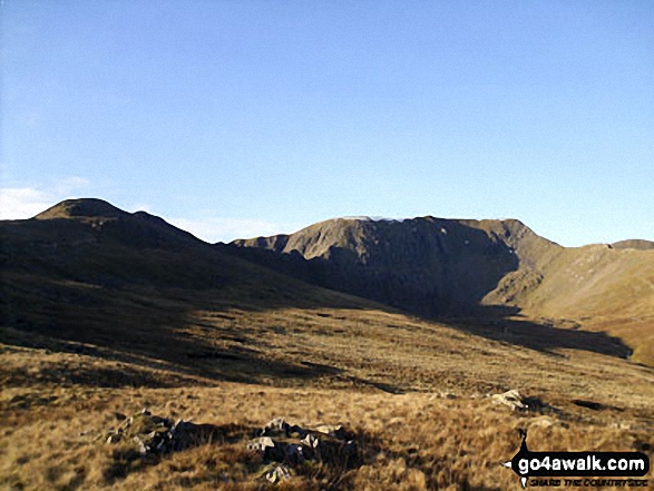 Walk c427 Helvellyn via Striding Edge from Patterdale - Striding Edge (left), Helvellyn and Swirral Edge (right) from above Hole-in-the-Wall