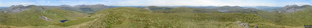 360 degree view from Moel Penamnen summit featuring (from left to right): The Moelwyns - Moelwyn Bach, Craigysgafn & Moelwyn Mawr, Allt-fawr, Moel Druman & Ysgafell Wen, Moel Farlwyd (foreground above/left of blue lake), Yr Aran (pointed peak above Moel Farlwyd), Mount Snowdon (Yr Wyddfa) & Y Lliwedd, The Glyderau - Glyder Fach, Glyder Fawr & Tryfan, Carnedd Moel Siabod, Y Ro Wen, Foel-fras (Moelwyns), Manod Mawr (above two light blue lakes) and The Arenigs - Arenig Fawr & Arenig Fach.