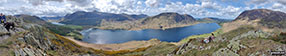 Panorama from Rannerdale Knotts featuring the Haystacks, Buttermere Fells,  Starling Dodd and Melbreak across Crummock Water