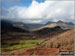 The shoulder of Pike of Blisco (Pike o' Blisco) (far left) , Oxendale, The Band and Mickledeon with The Langdale Pikes (right) from Lingmoor Fell